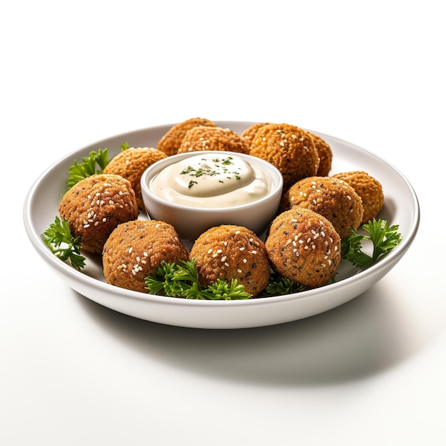 Platen met kikkererwten falafel met tahini saus geïsoleerd op witte achtergrond