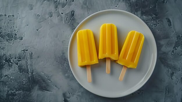 Platen met smakelijke mango-ijs op een grijze tafel, vlak gelegd, fruitpopsicle, generatieve AI.