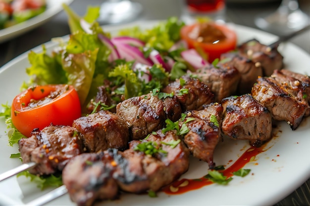 Platen met vlees, kebabs, salade en saus gevangen in het restaurant.