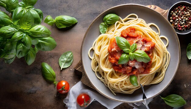 Platen spaghetti met tomatensous en uien basilicum en pruim Top view