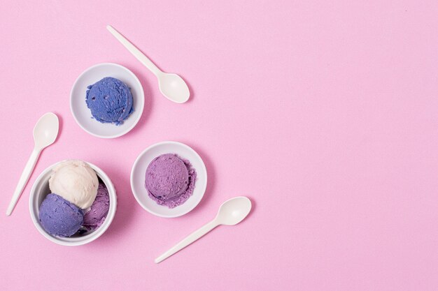 Photo plates and bowl with ice cream with copy space