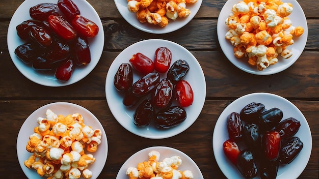 Plates of dates and colorful popcorns on wooden surface