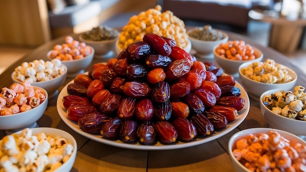 Plates of dates and colorful popcorns on wooden surface