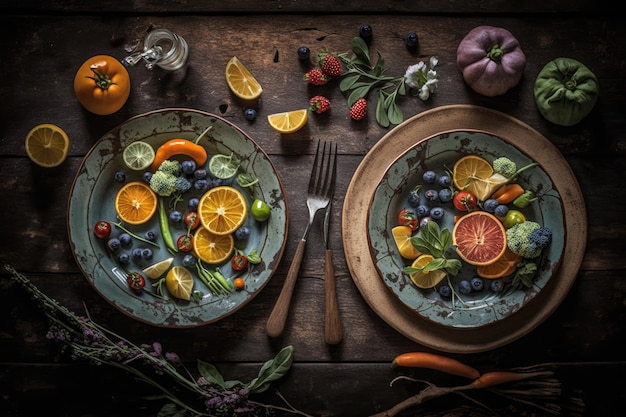 Plates of fruit and vegetables set out on a distressed wooden table Vegan fare that39s good for you