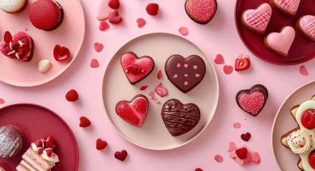 plates and heart shaped desserts on pink background