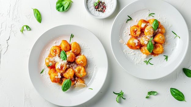 Plates of tasty gnocchi with cheese on white backgroind