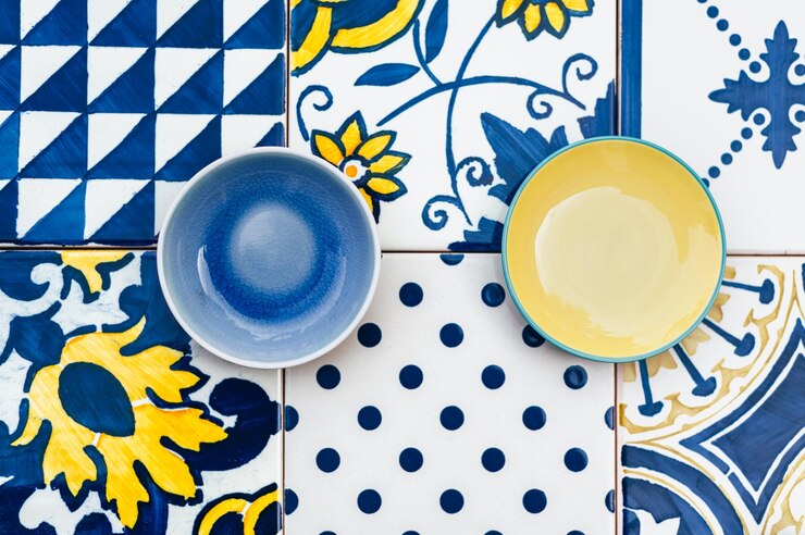Photo plates on tile background