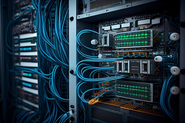 Platform for hosting contemporary Internet contents Rack housing server data storage hardware The equipment in the data center is connected by a lot of network cables Generative AI