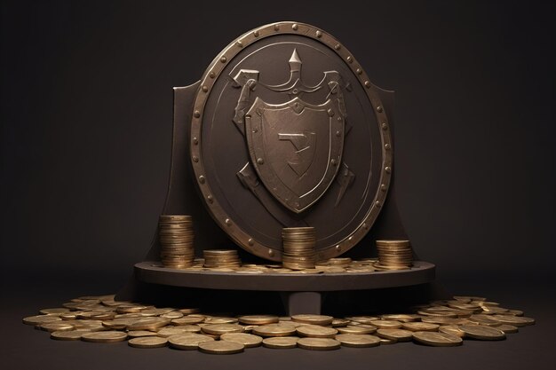 A platform for the layout on which stacks of coins and an empty shield lie side by side