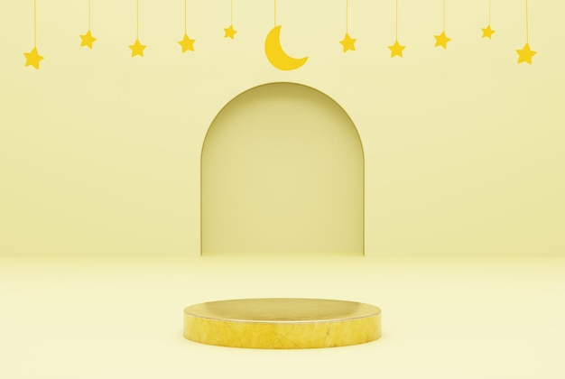 Platform met gele achtergrond ster ramadan kareem concept 3d illustratie weergave