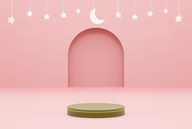 Platform met roze achtergrond ster ramadan kareem en islamitisch concept 3d illustratie weergave