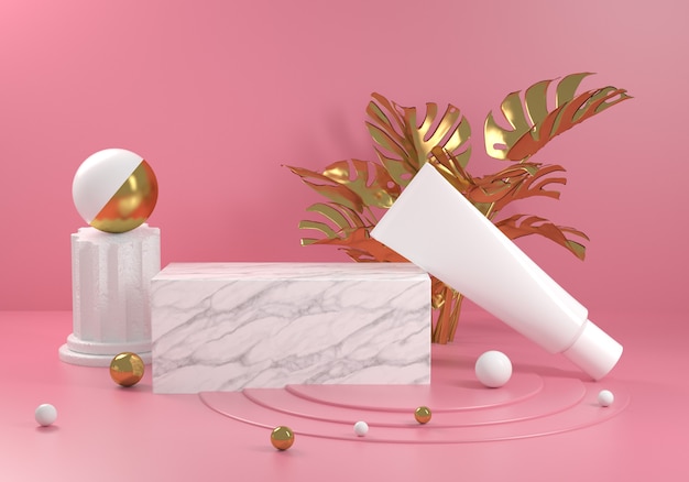 Платформа белый мрамор с золотой растительностью Monstera и розовым фоном 3D визуализации