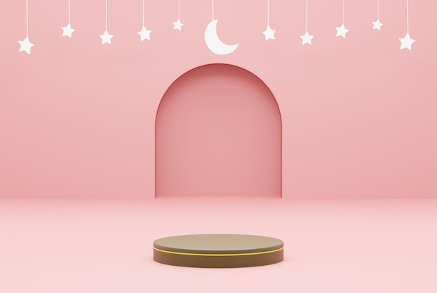 Platform with pink background star ramadan kareem and islamic concept 3d illustration rendering