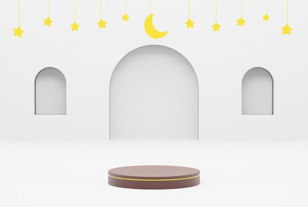 Platform with white background star and crescent eid and islamic concept 3d illustration render