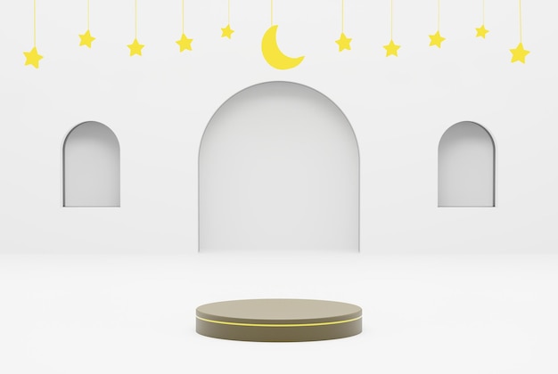 흰색 배경 별과 초승달 이드와 이슬람 개념 3d 그림 렌더링 플랫폼