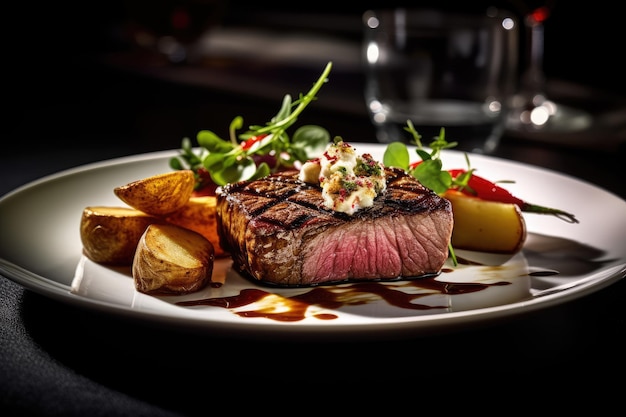 Foto design di placcatura di bistecca di manzo alla griglia e spicchi di patate rustici con insalata di verdure servita su un piatto