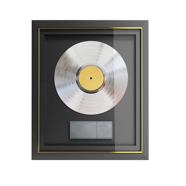 Platinum CD prize with label in frame on wall 3d render