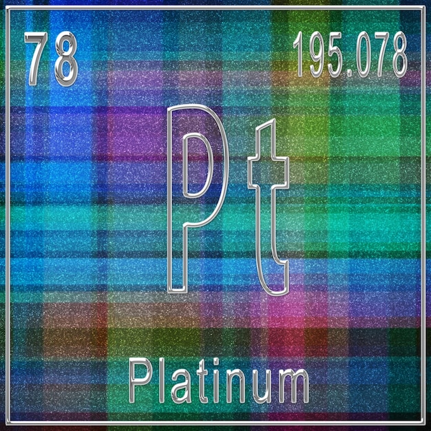 Foto elemento chimico platino, segno con numero atomico e peso atomico, elemento della tavola periodica