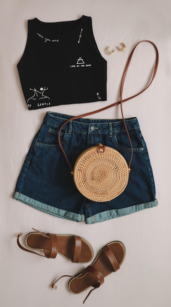 Platliggende compositie met vrouwelijke top denim shorts sandalen en een rieten rotan tas op beige achtergrond bovenaanzicht