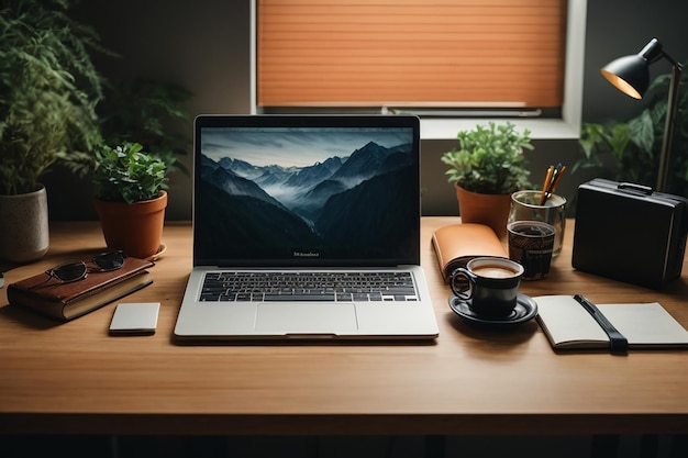 Platliggende foto van bureau met laptop kopie ruimte achtergrond