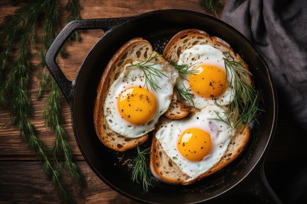 Platliggende foto van eieren en roggebrood op een houten plank in een gietijzeren koekepan