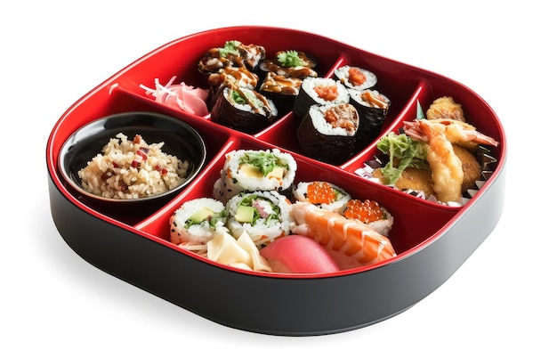 Plato Bento con Secciones Divididas para Variedad de Comida Sobre Fondo Blanco