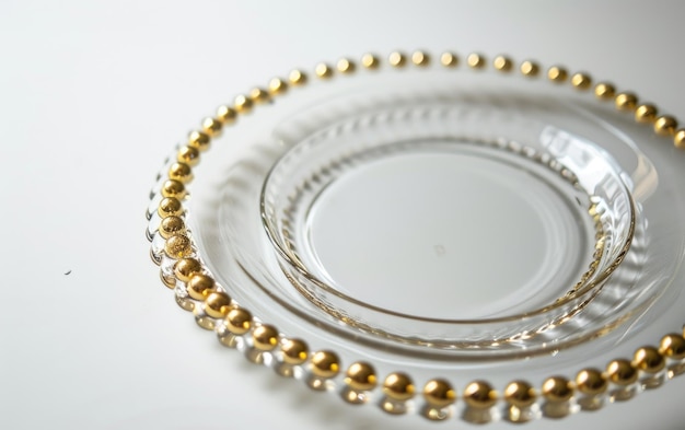 Photo plato de carga transparente con borde de cuentas doradas en fondo blanco
