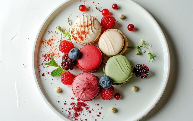 Photo plato de postre de ceramica con macarons y bayas vibrantes