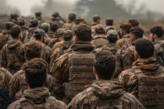 Platoon of Soldiers Listening to a Briefing in a Field Exercise Military Camouflage Gear in Focus