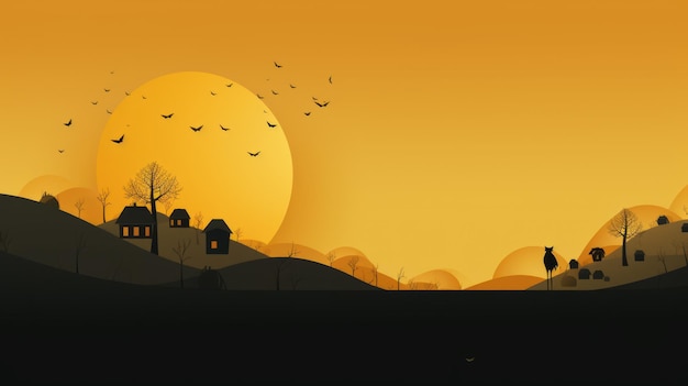 Platte banner voor Halloween Halloween banner achtergrond met vleermuizen maan in minimalistische stijl Oranje achtergrond