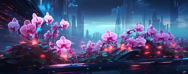 Platte bloemen op een futuristische achtergrond in digitale schilderstijl