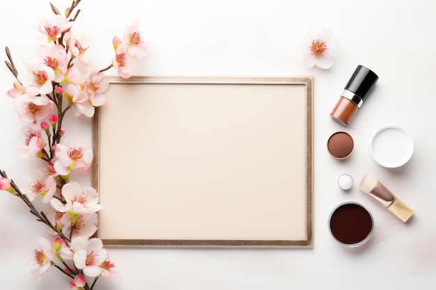 Platte compositie met cosmetica en sakura bloemen op witte achtergrond