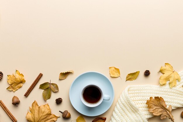 Platte compositie met kleurrijke herfstkop koffie en bladeren op een kleurrijke achtergrond