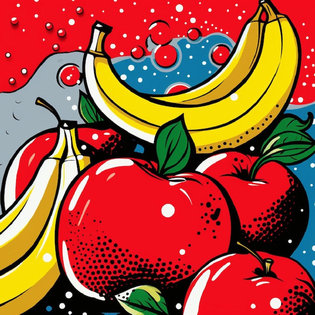 Platte fruit achtergrond met bananen en appels in een pop-art stijl