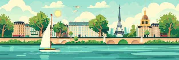 platte illustratie de Olympische Zomerspelen in Parijs een wit zeil op de achtergrond van de Eiffeltoren en een panorama van de bezienswaardigheden van de stad de rivier de Seine