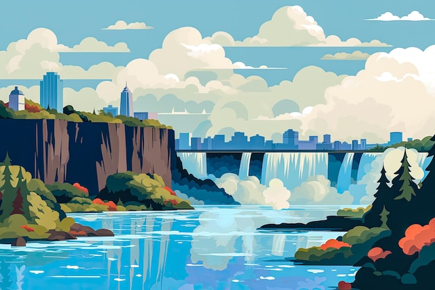 Platte illustratie van een waterval met een landschap achtergrond