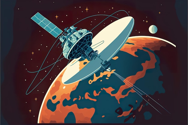 Platte illustratie van satelliet- en grondcomputers