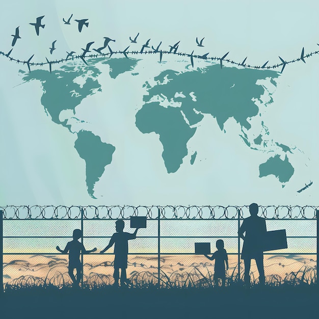 Foto platte illustratie van vluchtelingen die bij de internationale grens staan