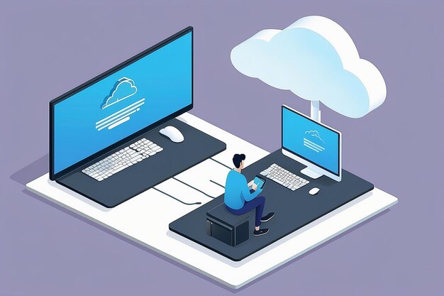 Platte isometrische illustratie concept twee mensen besturen cloud server van monitor