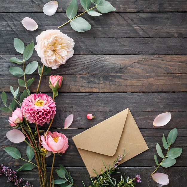 platte kopie ruimte bloemen compositie op donkere houten achtergrond