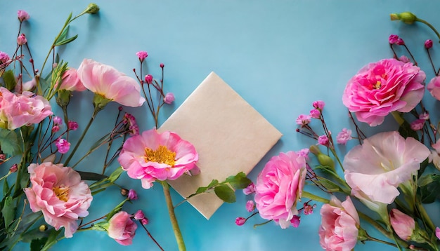 Platte kopie ruimte kleurrijke roze bloemen op een blauw