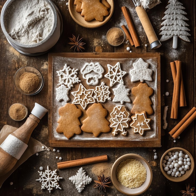 Foto platte laag van zelfgemaakte kerstbaking ingrediënten of peperkoekjes op tafel