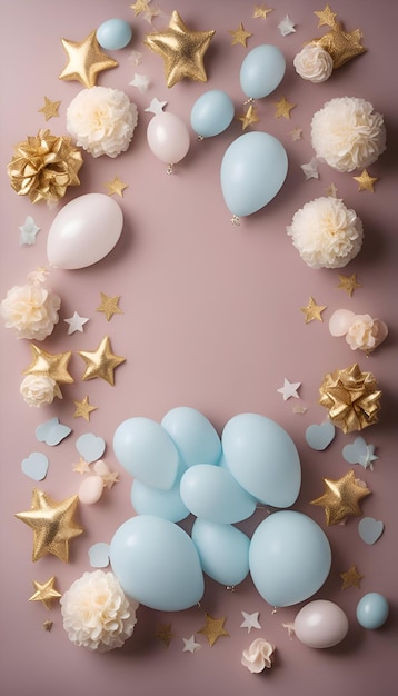 Platte lay compositie met blauwe en witte ballonnen en confetti op roze achtergrond