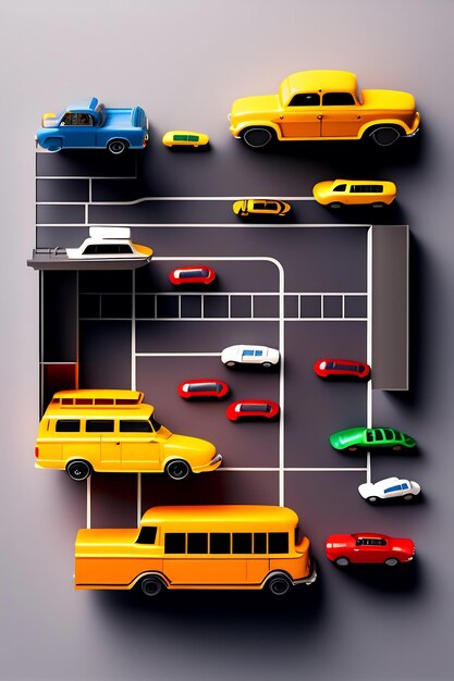 Platte lay compositie met plastic weg- en speelgoedmodelauto's op grijze achtergrond Top uitzicht