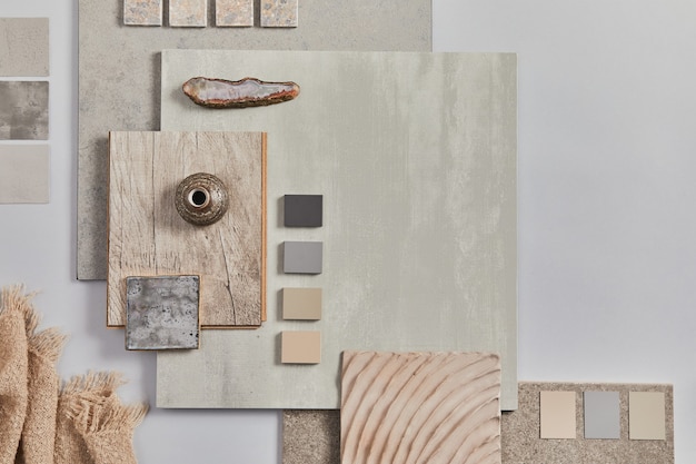 Platte lay-out van creatieve architect moodboard-compositie met voorbeelden van bouw-, textiel- en natuurlijke materialen en persoonlijke accessoires. Bovenaanzicht, grijze achtergrond, sjabloon.