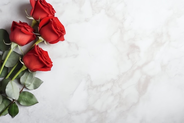 Platte lay van valentijnsdag concept met bloemen en boeket van prachtige roze rozen met kopie ruimte