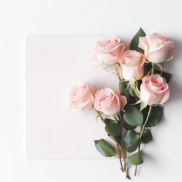 Platte lay van valentijnsdag concept met bloemen en boeket van prachtige roze rozen met kopie ruimte