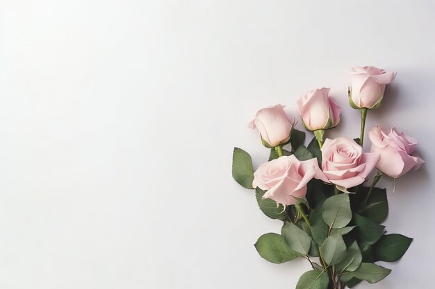 Platte lay van valentijnsdag concept met bloemen en boeket van prachtige roze rozen met kopie ruimte