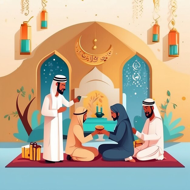 Platte mensen die Eid al-Adha vieren illustratie