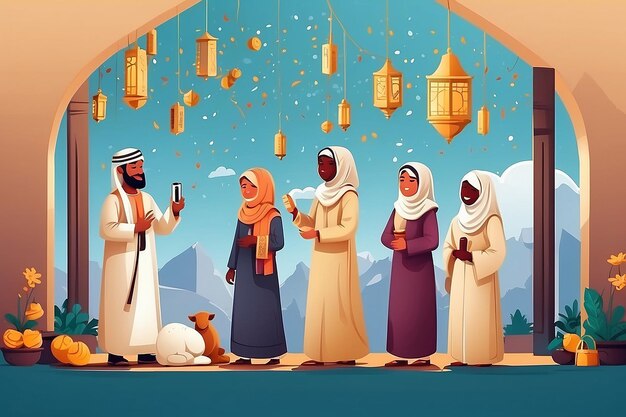 Platte mensen die Eid al-Adha vieren illustratie